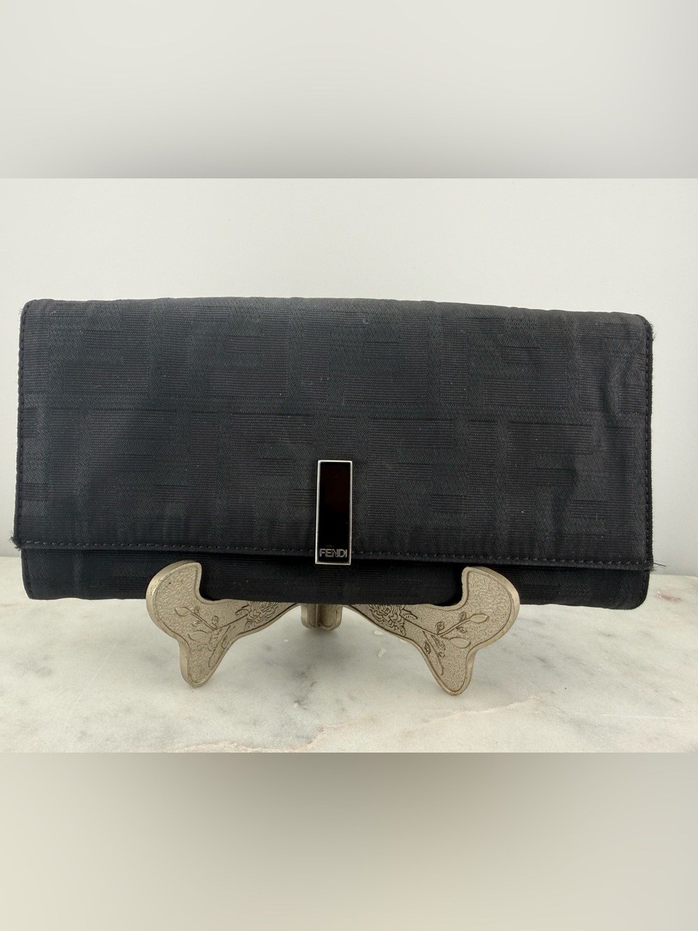 Fendi FF Black Zucchino Long Wallet, Vintage